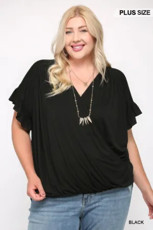 NicholesGifts Plus Size Women Solid Black Knit Surplice Top With Ruffle Sleeve