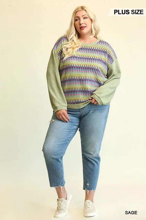 Novelty Knit And Solid Knit Mixed Loose Top With Drop Down Shoulder