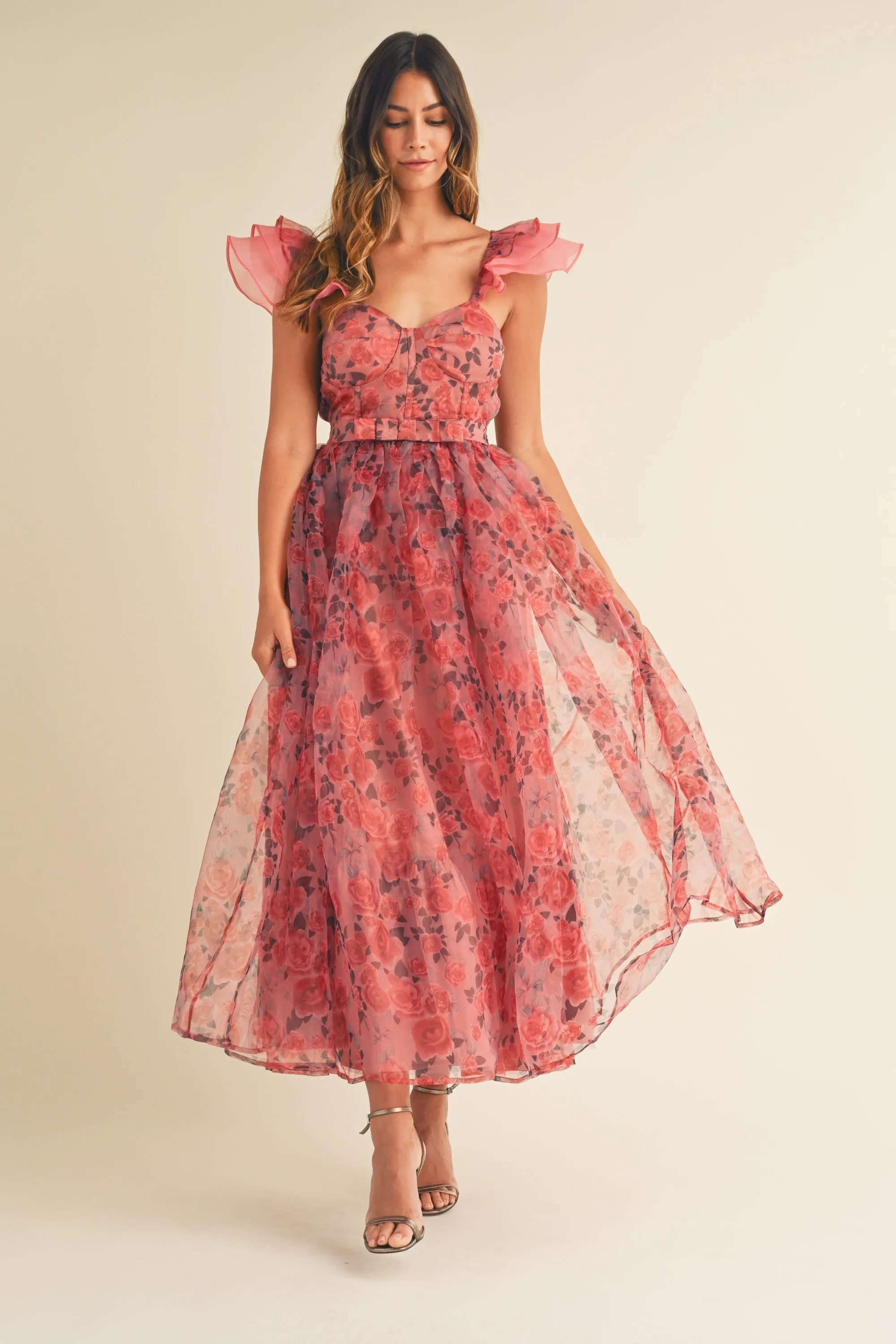 ORGANZA RUFFLE SLEEVES FLORAL MAXI DRESS