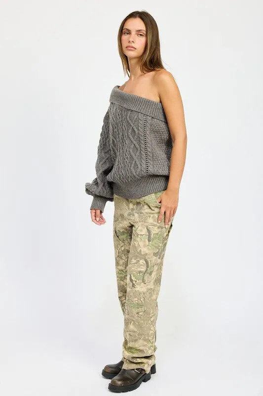 Oversized One Shoulder Cable Sweater