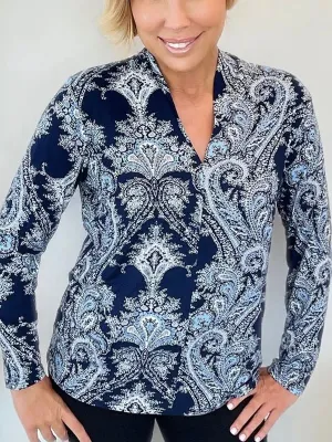 Paisley V-Neck Top - Navy