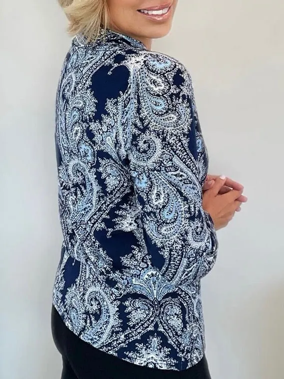 Paisley V-Neck Top - Navy