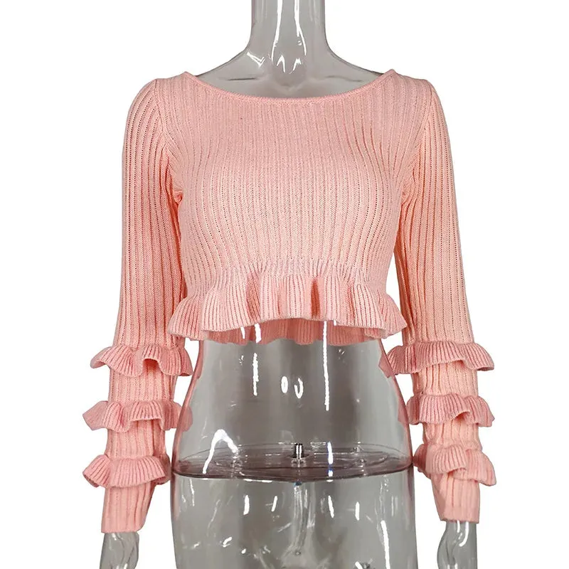 Pink Ruffles Stylish Knit Crop Top