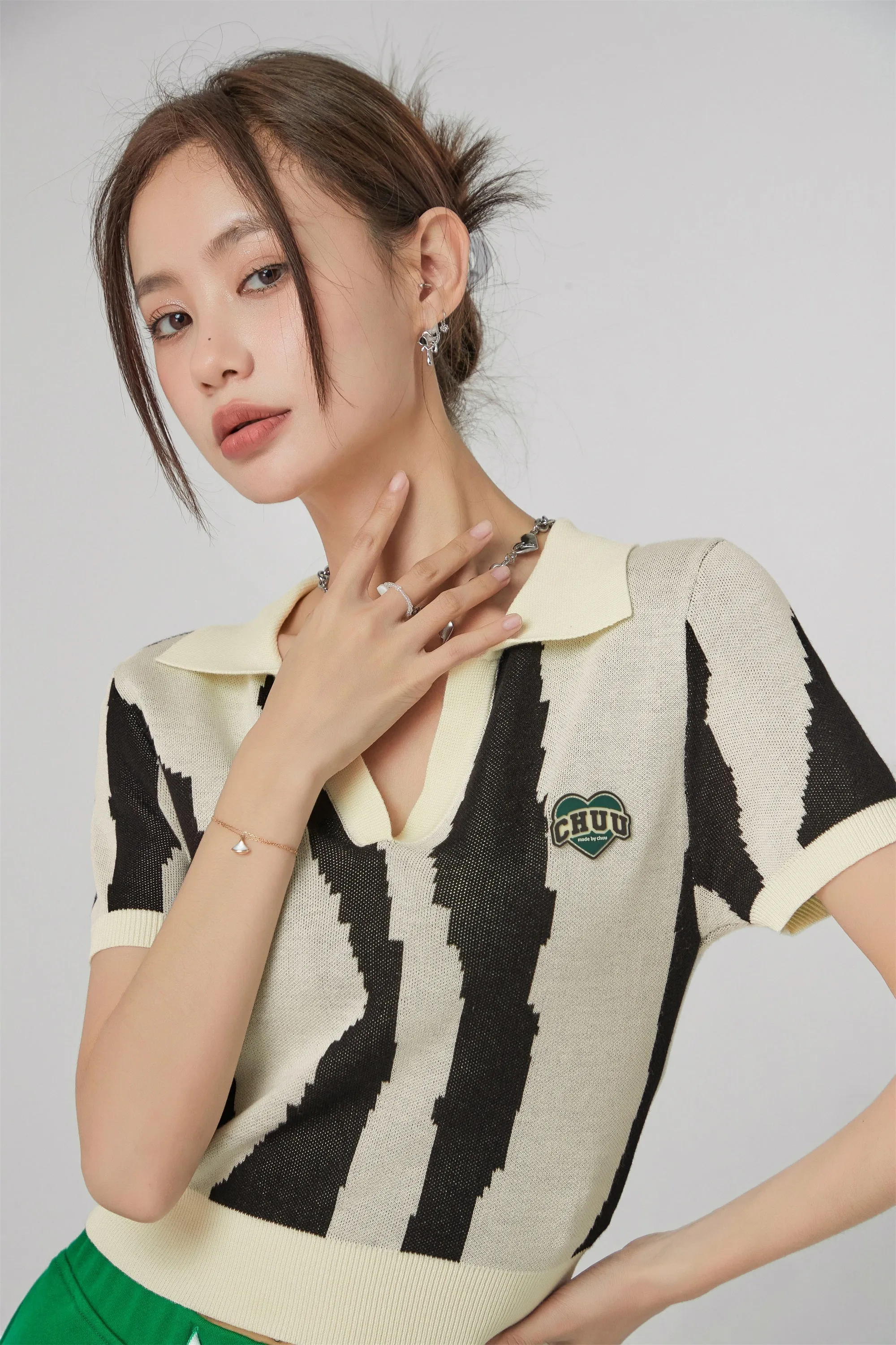 Pixeled Zebra Polo Knit Top