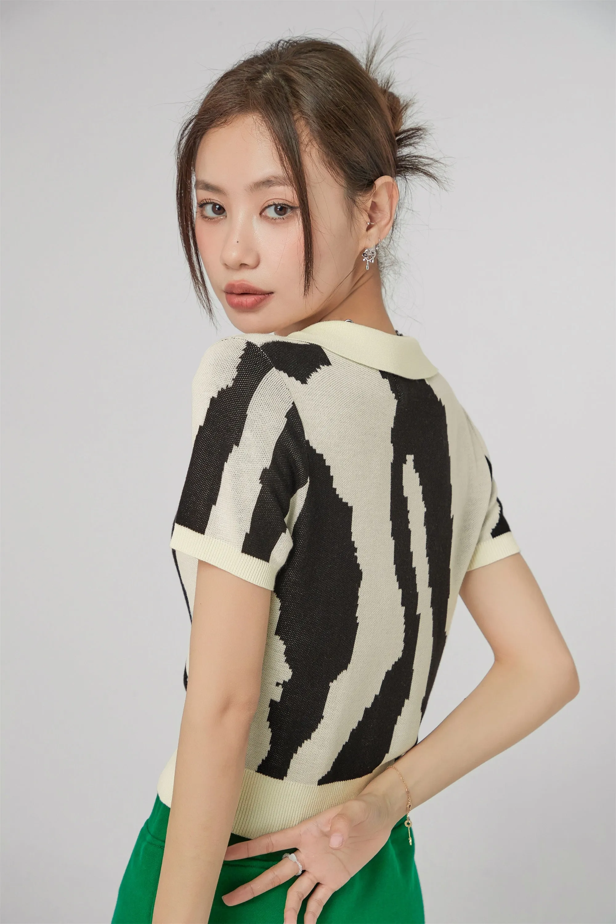 Pixeled Zebra Polo Knit Top