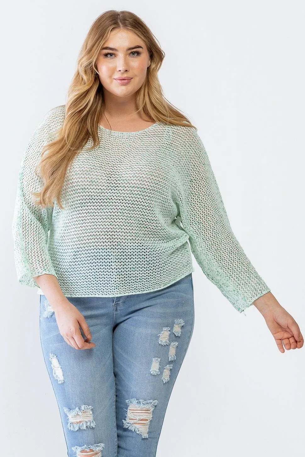 Plus Size Breezy Mint Open-Knit Sweater /3-2-1