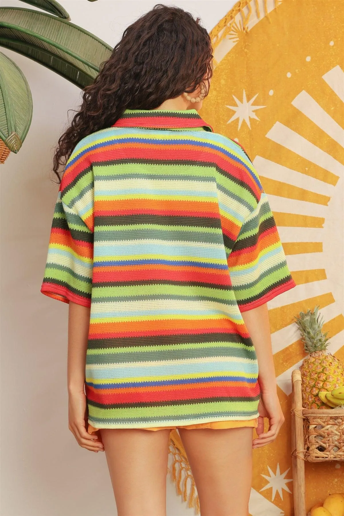 Rainbow Stripe Knit Button-Up Collared Neck One Pocket Top /1-2-2-1