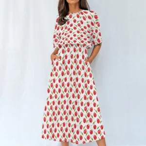 Red Cherry Women Maxi Dress, White Print Elastic Waist Long Ankle Length Boho Short Sleeve Casual Spring Summer Cute Ladies Designer