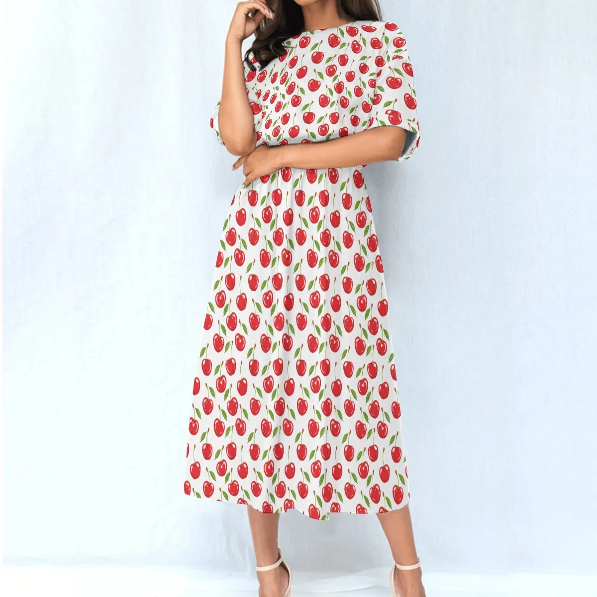 Red Cherry Women Maxi Dress, White Print Elastic Waist Long Ankle Length Boho Short Sleeve Casual Spring Summer Cute Ladies Designer