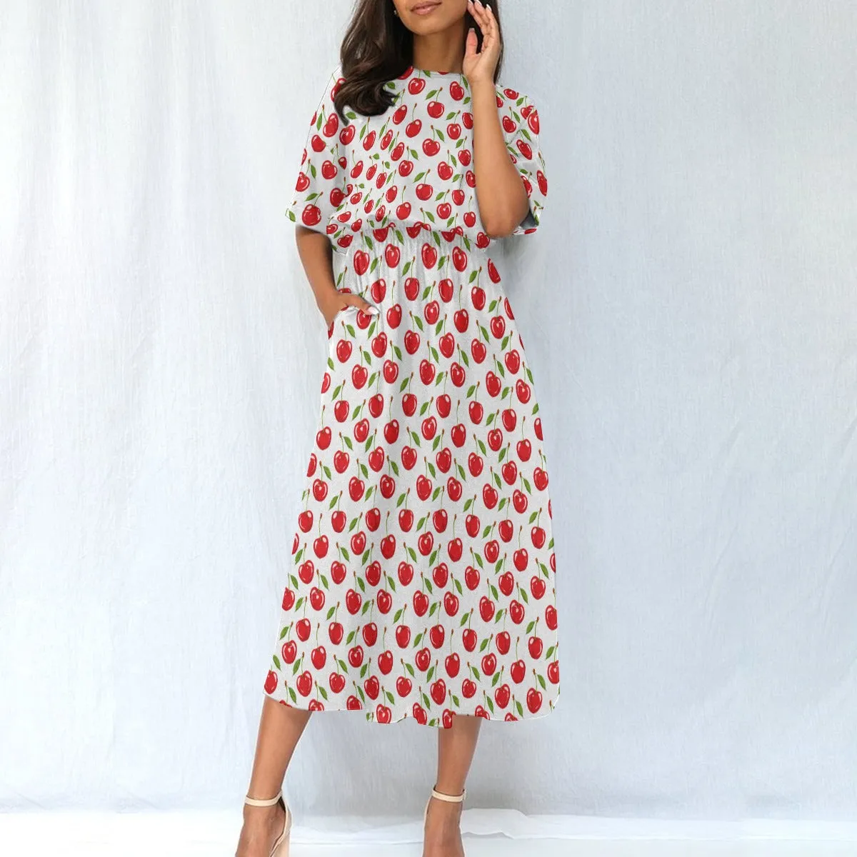 Red Cherry Women Maxi Dress, White Print Elastic Waist Long Ankle Length Boho Short Sleeve Casual Spring Summer Cute Ladies Designer