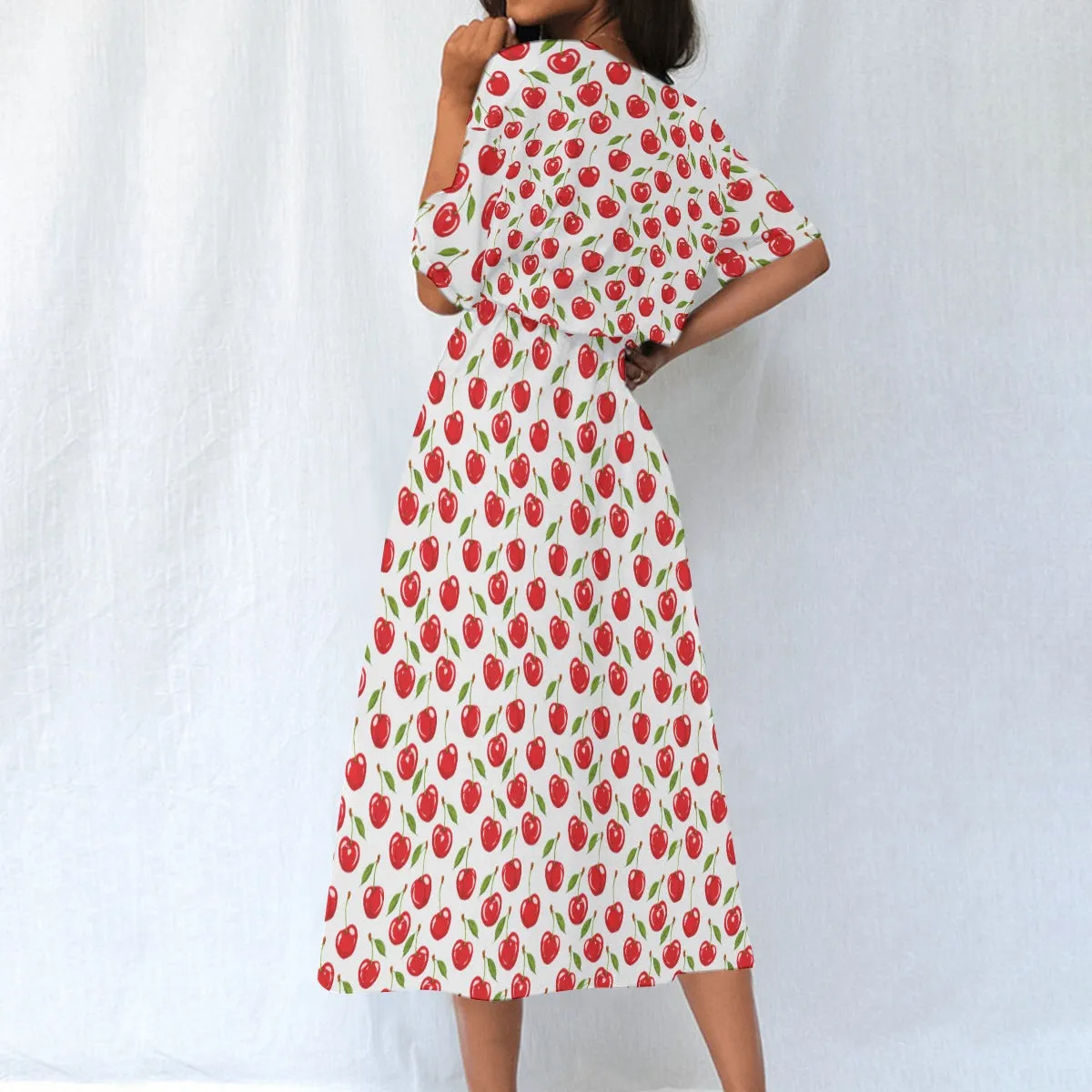 Red Cherry Women Maxi Dress, White Print Elastic Waist Long Ankle Length Boho Short Sleeve Casual Spring Summer Cute Ladies Designer