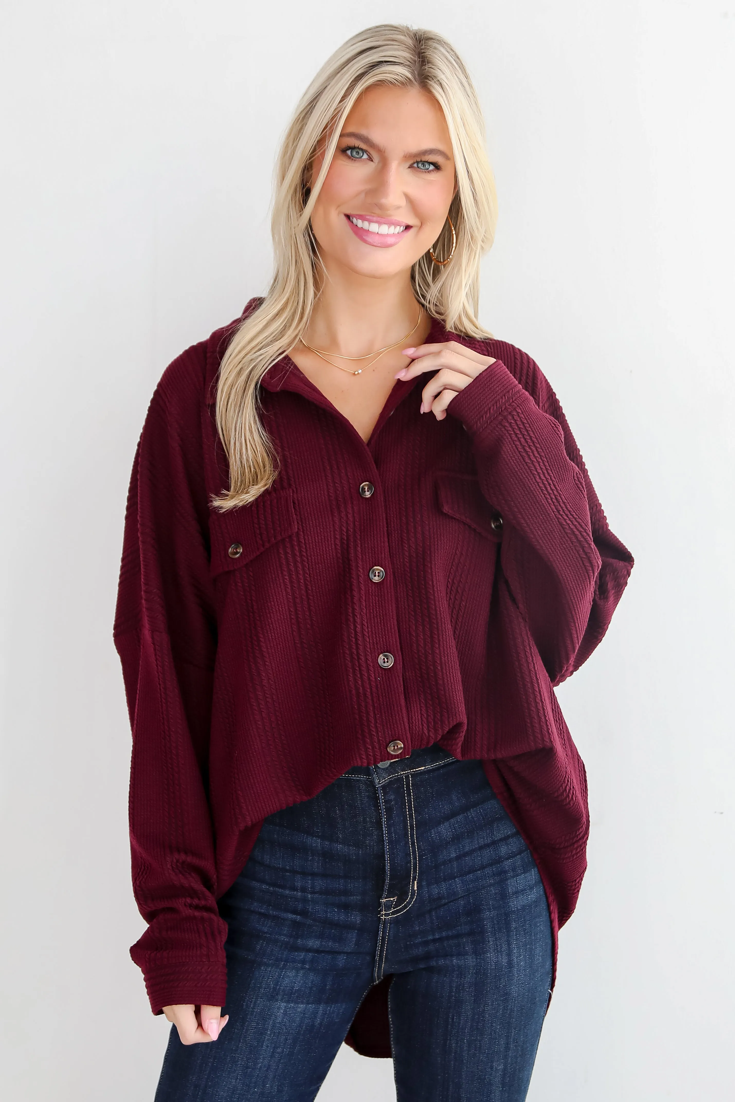 Reliably Cozy Wine Knit Button-Up Top