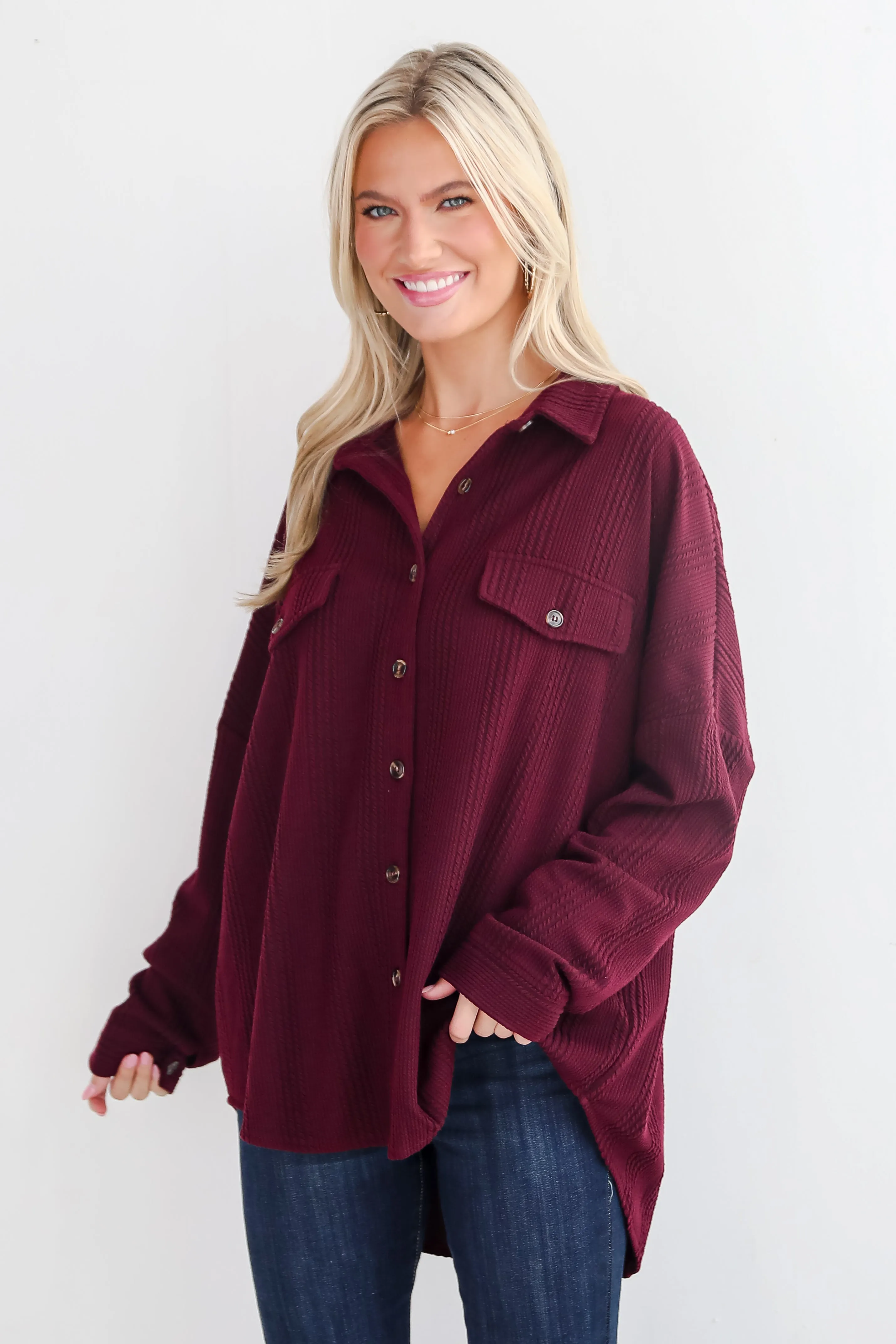 Reliably Cozy Wine Knit Button-Up Top