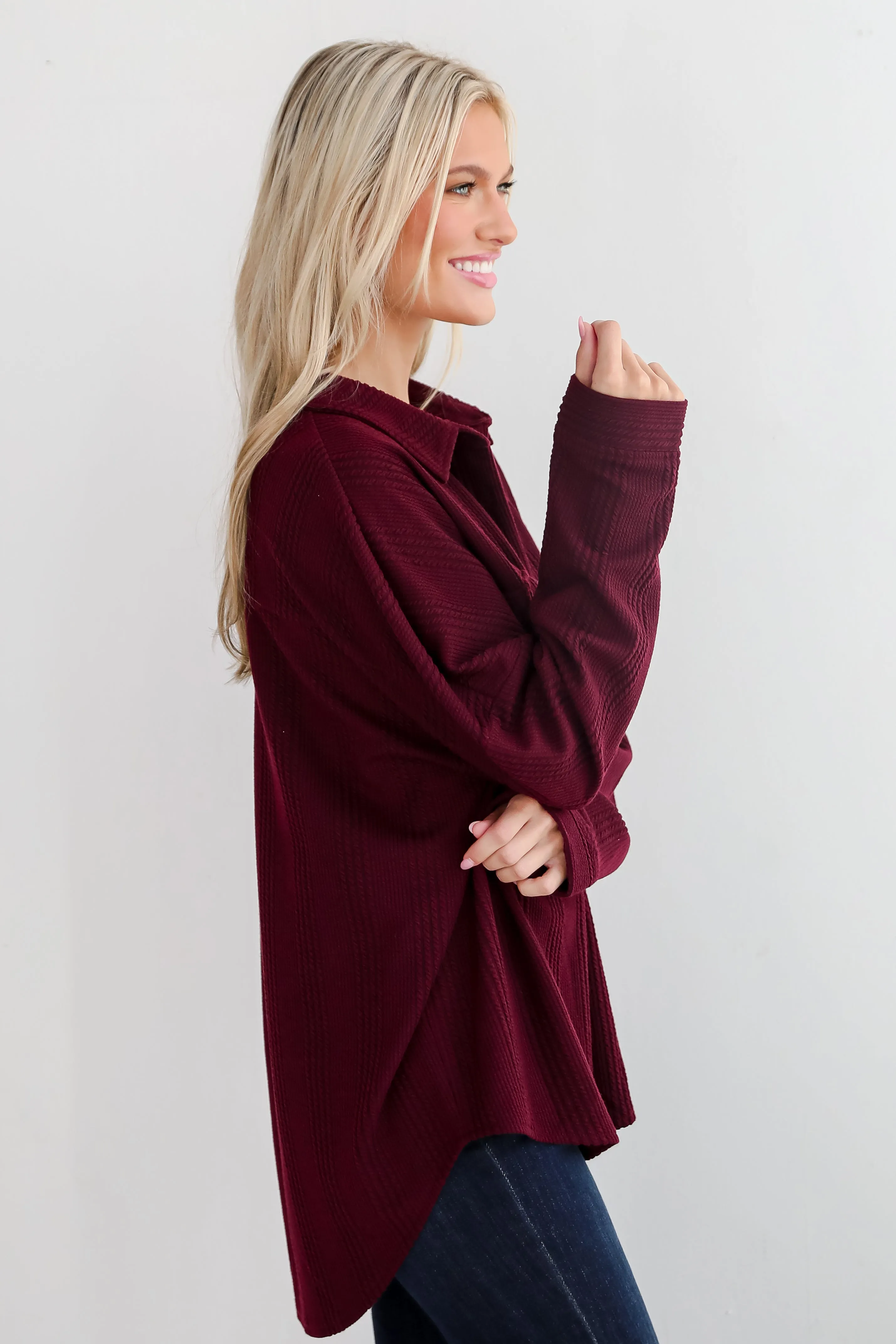 Reliably Cozy Wine Knit Button-Up Top