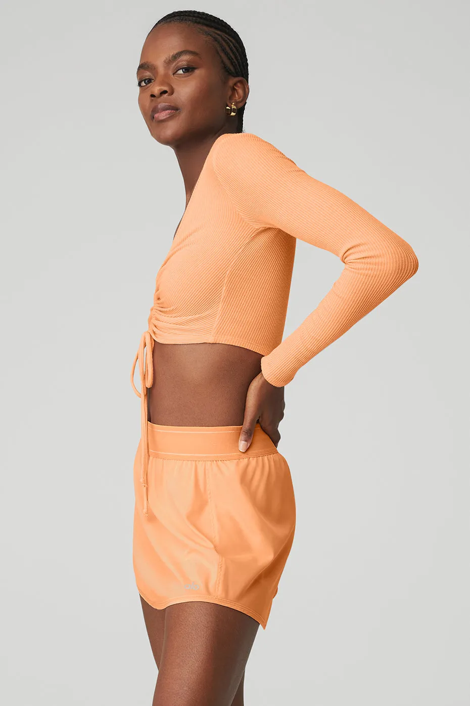 Ribbed Cinch Cropped Long Sleeve - Cantaloupe