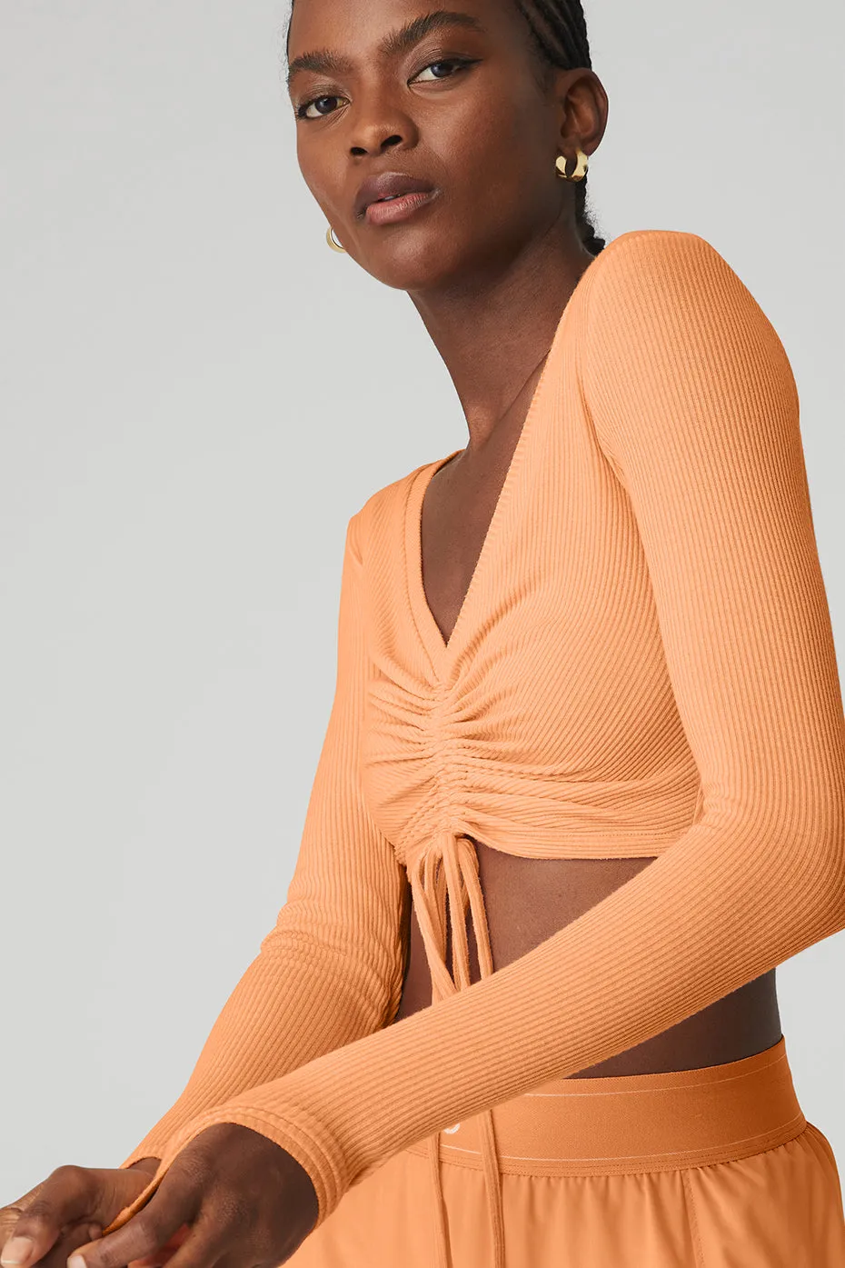 Ribbed Cinch Cropped Long Sleeve - Cantaloupe