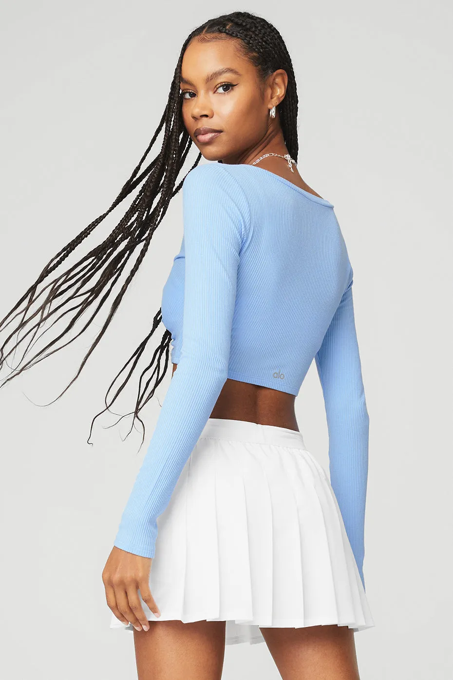 Ribbed Cinch Cropped Long Sleeve - Tile Blue