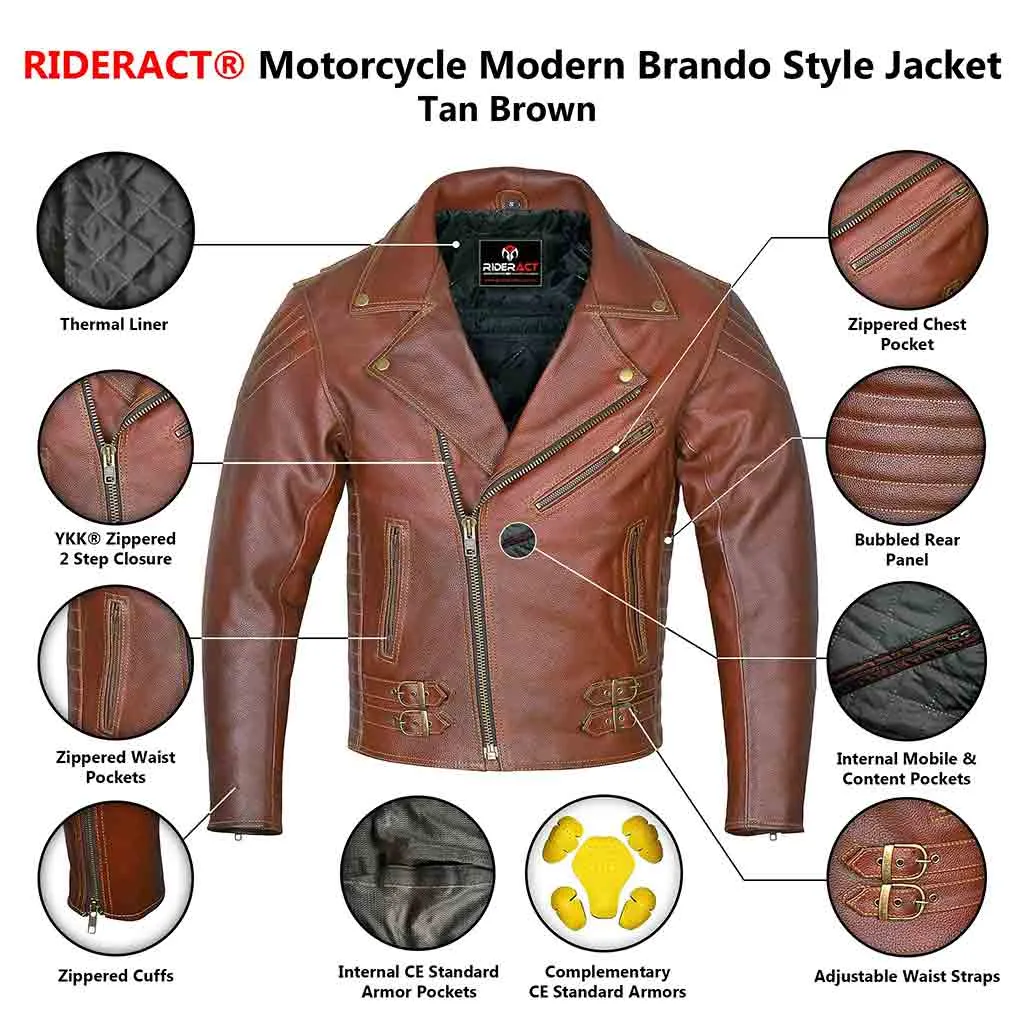 RIDERACT® Men Leather Motorcycle Jacket Brando Style Tan Brown Moto Jacket