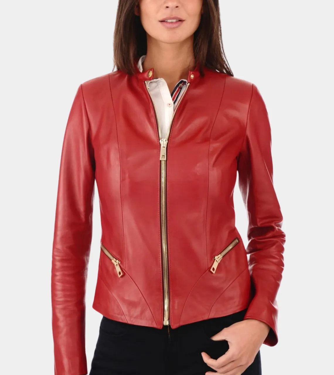 Round Collar Red Women's Biker Leather Jacket