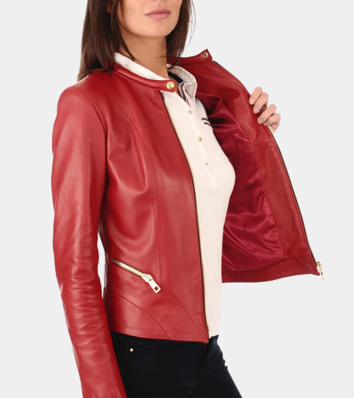 Round Collar Red Women's Biker Leather Jacket