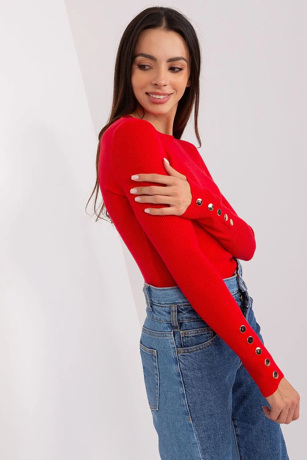 Round Neck Fitted Jumper with Buttons