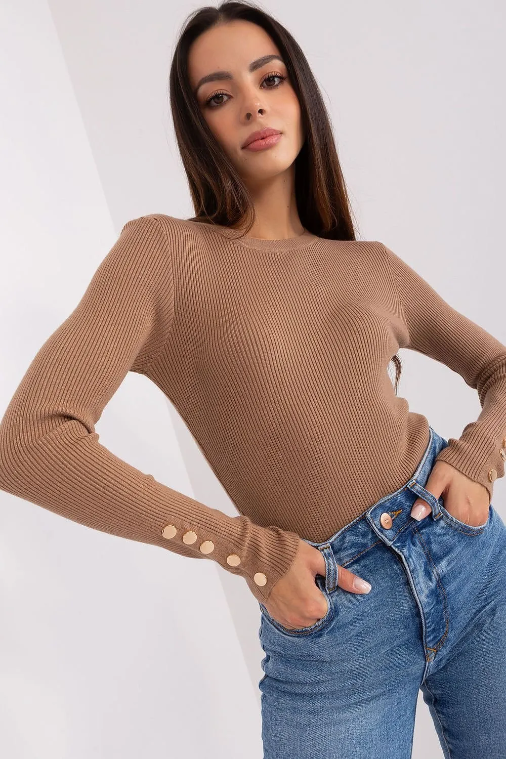 Round Neck Fitted Jumper with Buttons