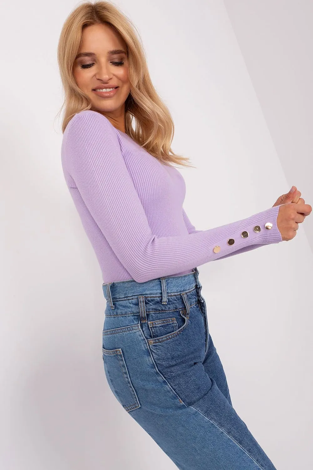 Round Neck Fitted Jumper with Buttons