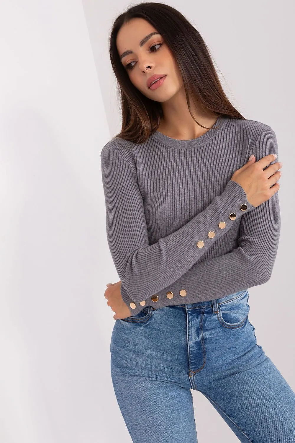 Round Neck Fitted Jumper with Buttons