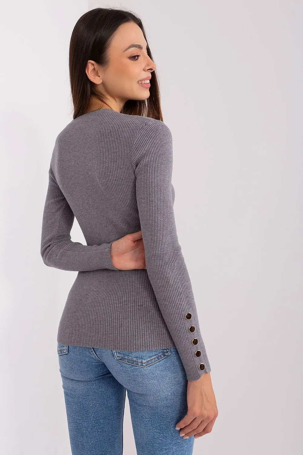 Round Neck Fitted Jumper with Buttons