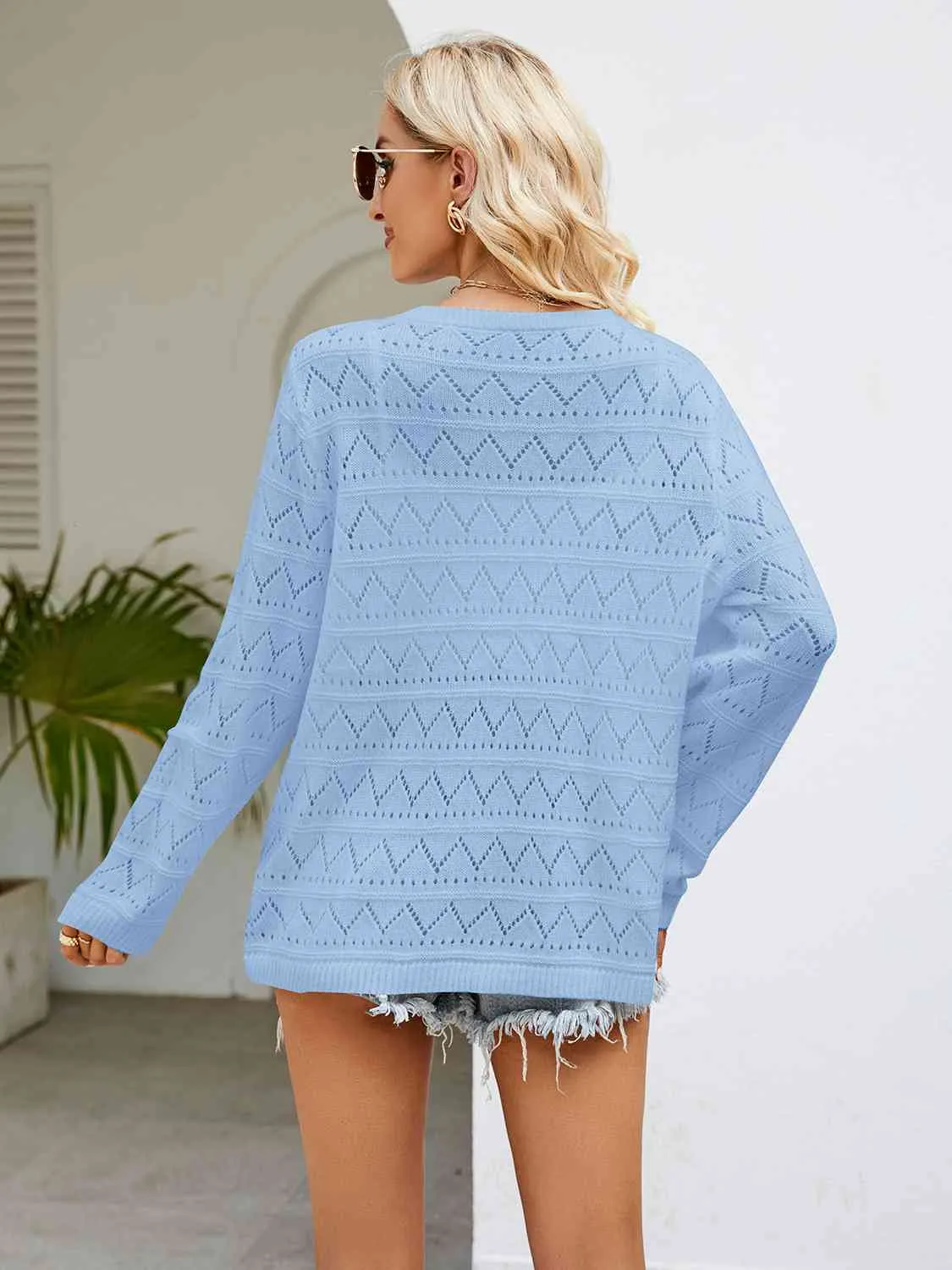 Round Neck Openwork Knit Top