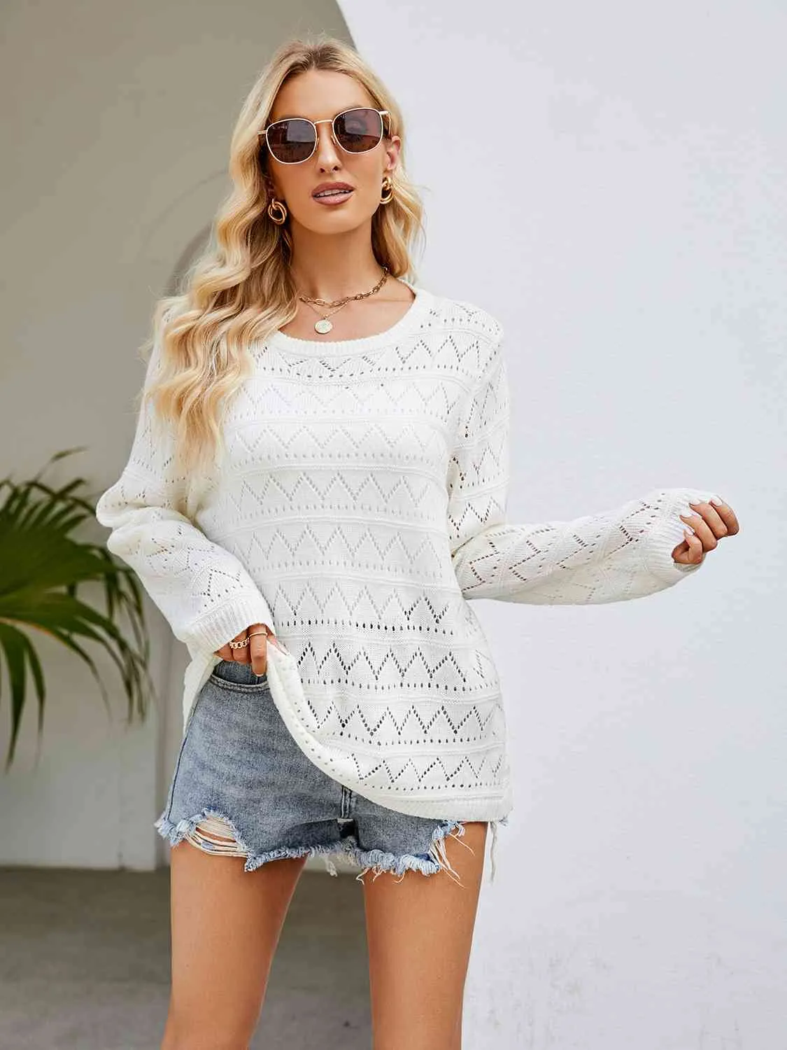 Round Neck Openwork Knit Top