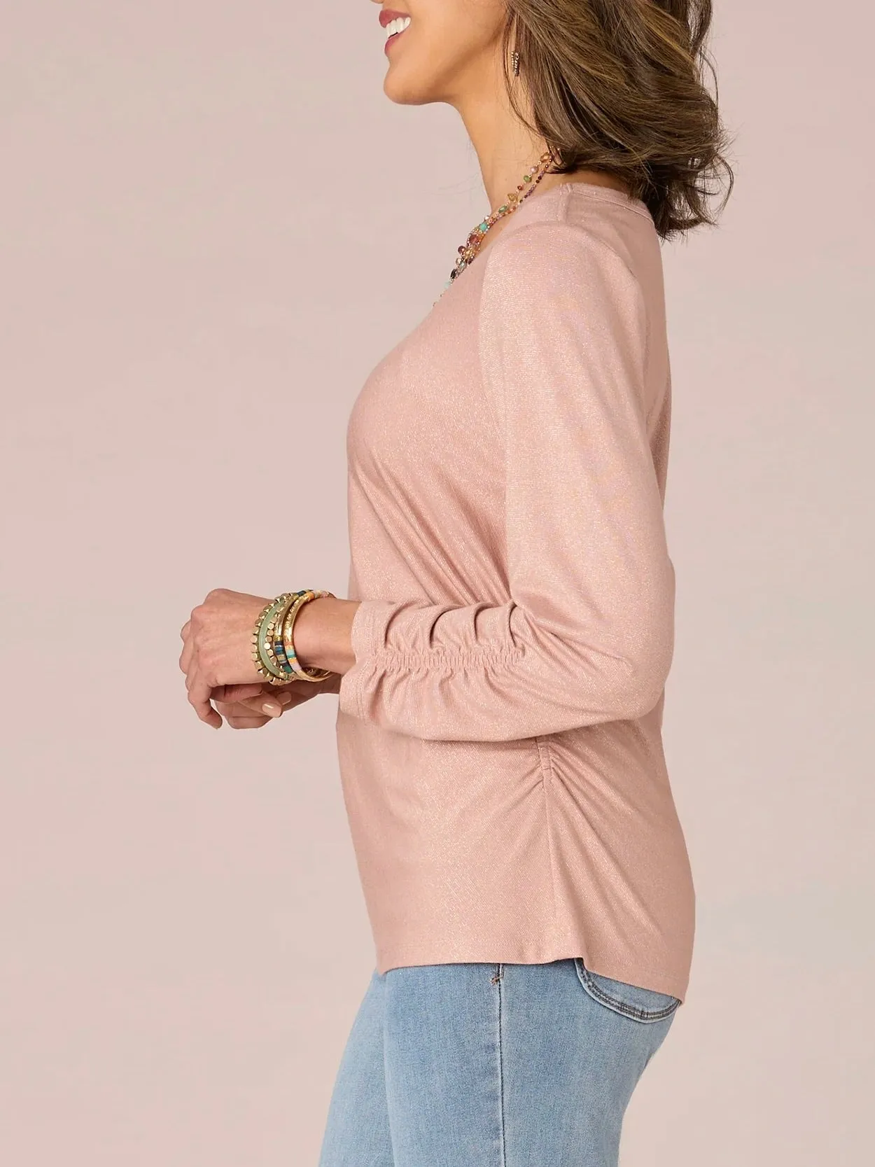 Ruched Metallic Knit Top - Dusty Pink