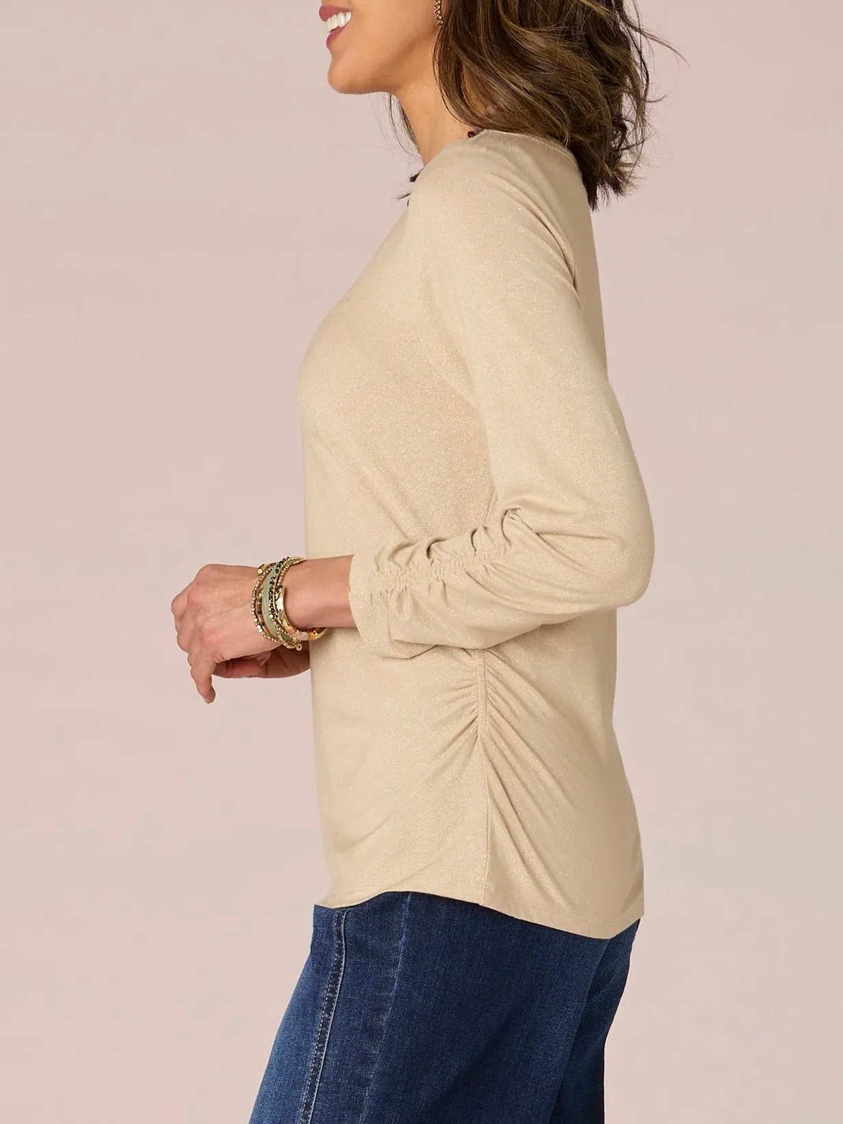 Ruched Metallic Knit Top - Khaki Gold