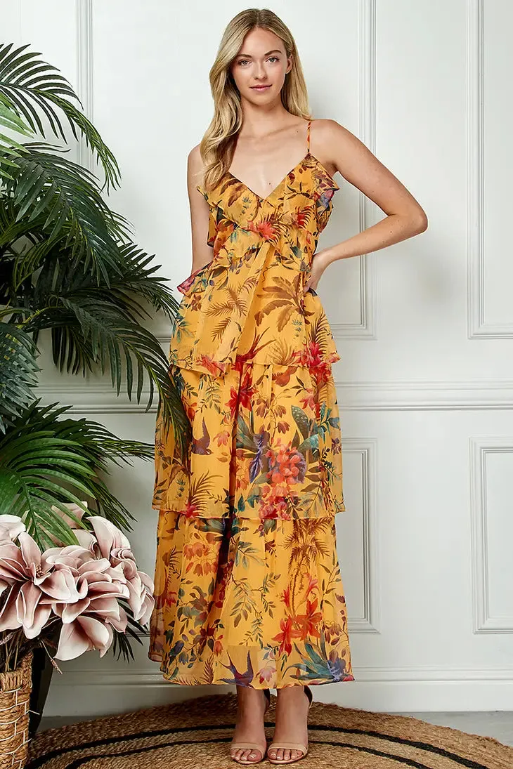 Ruffled Sunset Gold Maxi Chiffon Dress