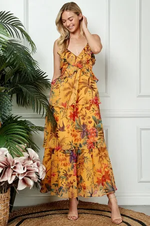 Ruffled Sunset Gold Maxi Chiffon Dress