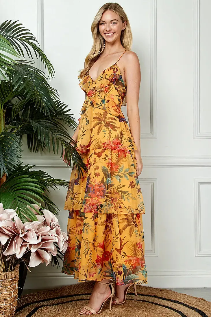 Ruffled Sunset Gold Maxi Chiffon Dress