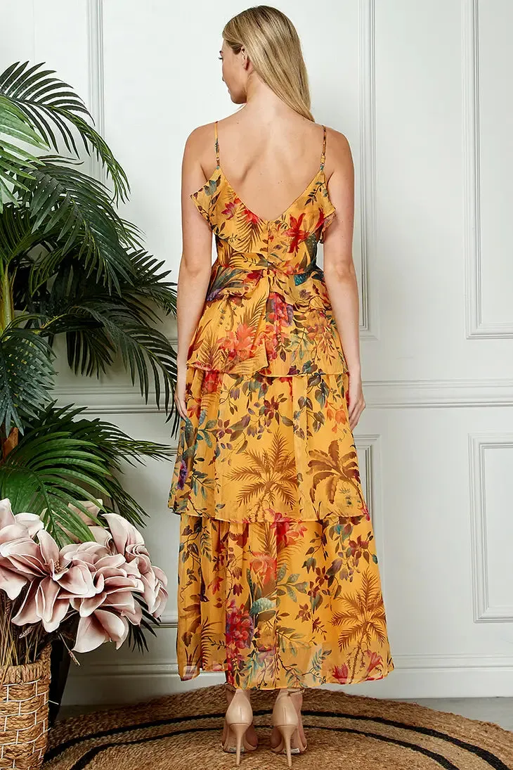 Ruffled Sunset Gold Maxi Chiffon Dress