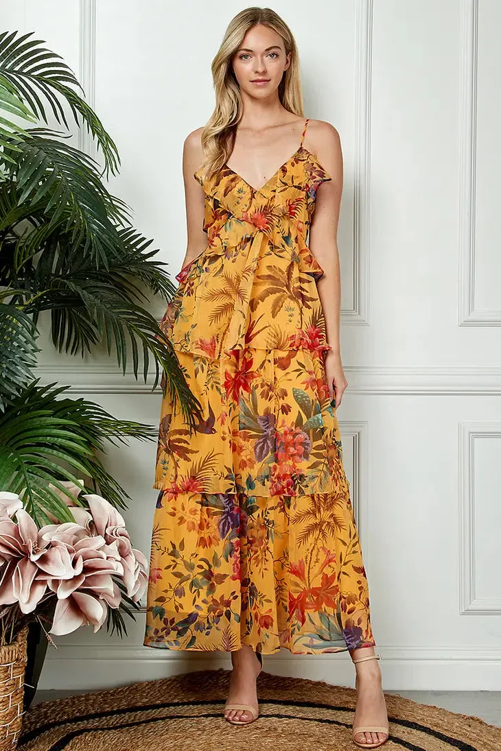 Ruffled Sunset Gold Maxi Chiffon Dress