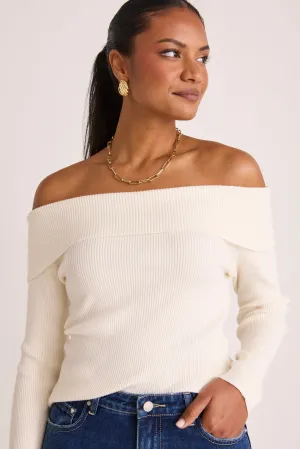 Sasha Winter White LS Off Shoulder Rib Knit Top