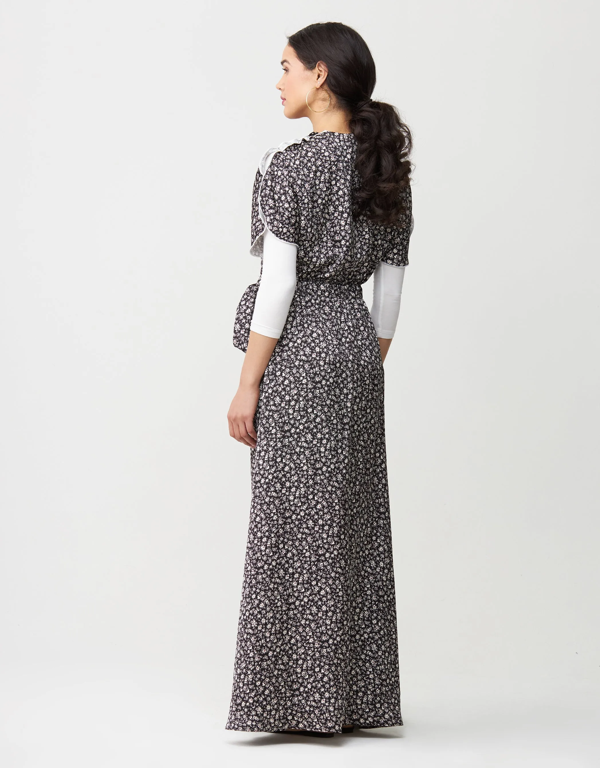 Satin Petal Sleeve Maxi Dress Shabbos Robe with Side Zip and Enclosed Self Tie Blk Floral