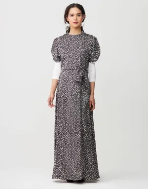 Satin Petal Sleeve Maxi Dress Shabbos Robe with Side Zip and Enclosed Self Tie Blk Floral