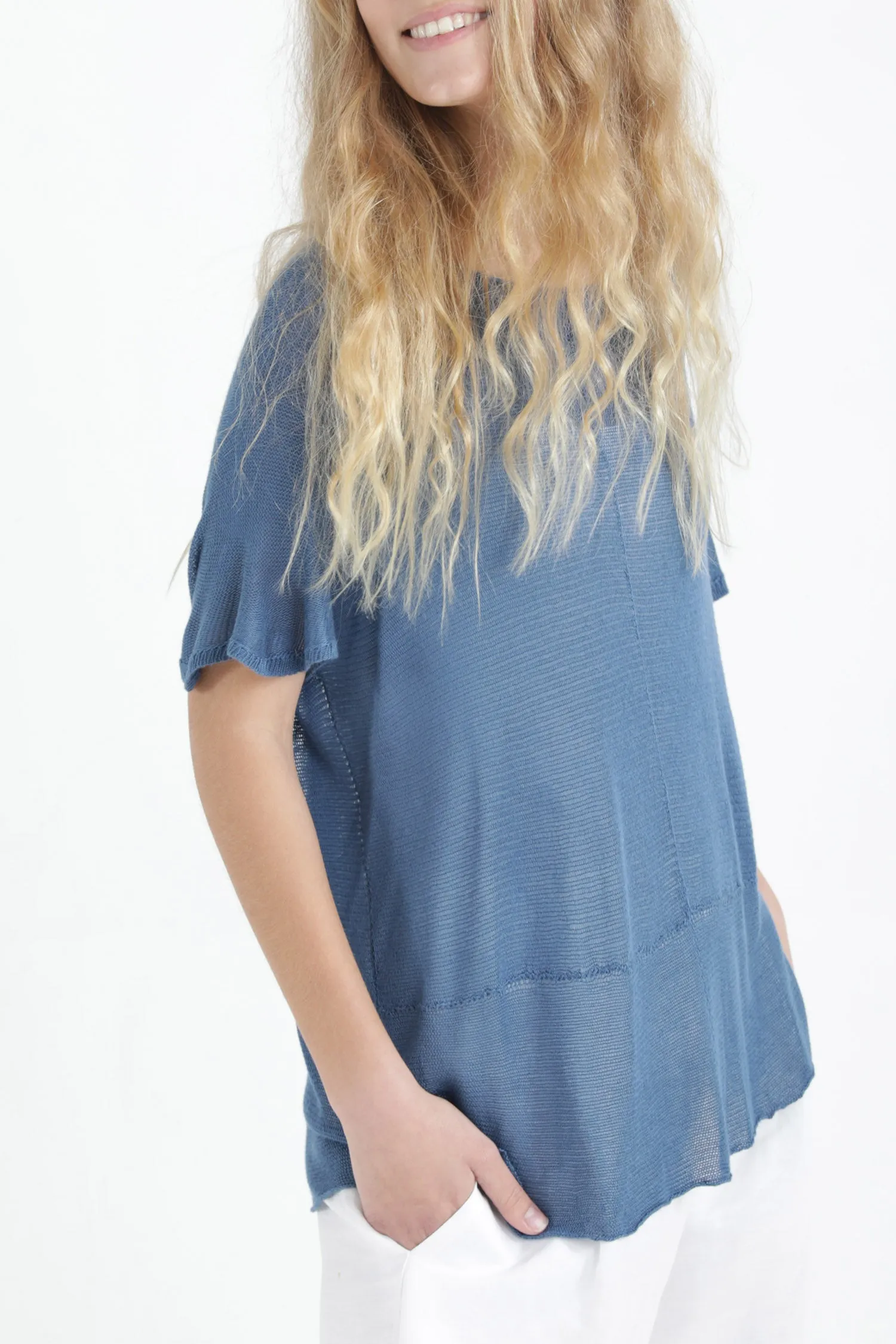 Sea Blue Boat neck loose knit T- shirt