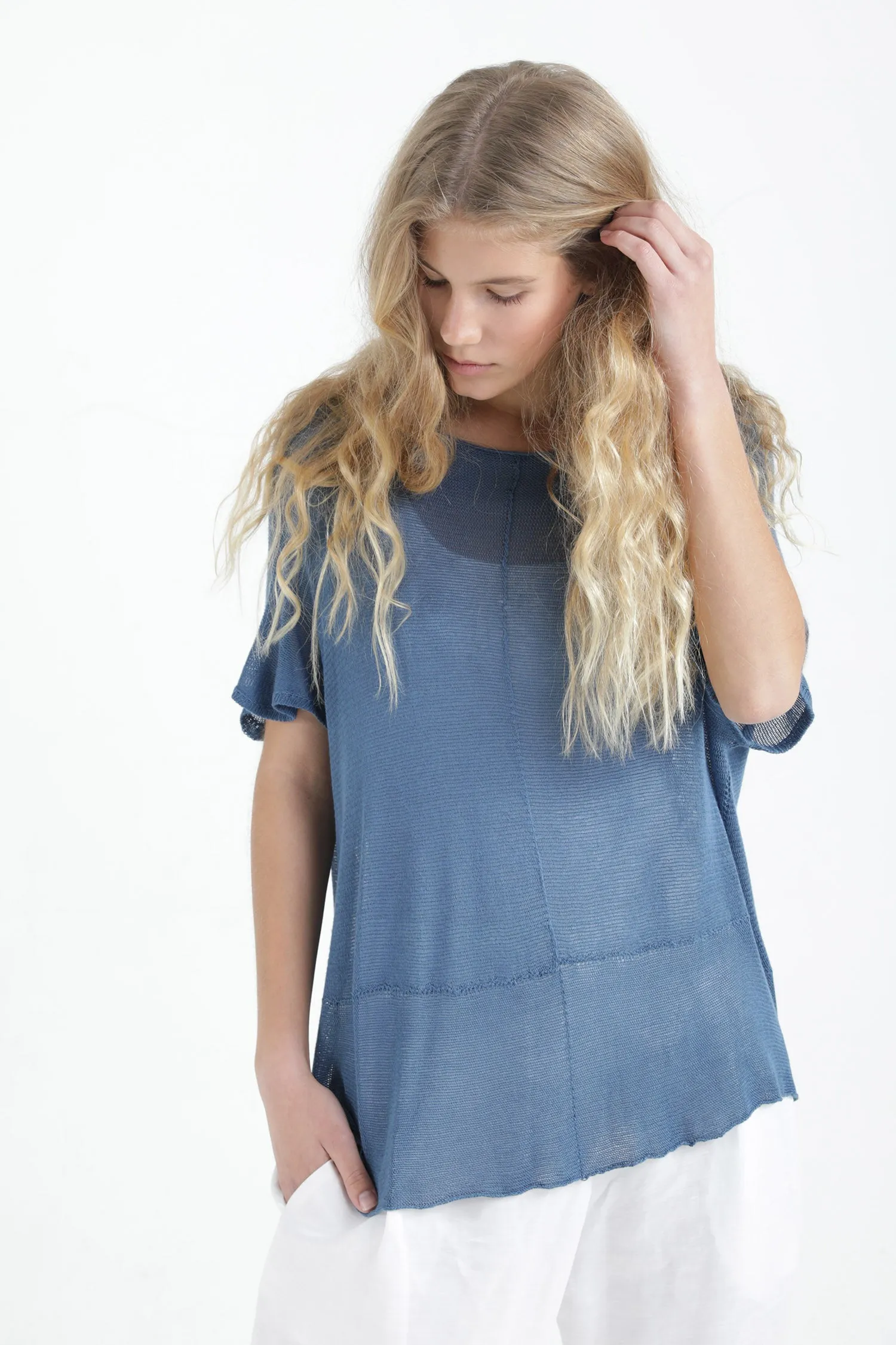 Sea Blue Boat neck loose knit T- shirt