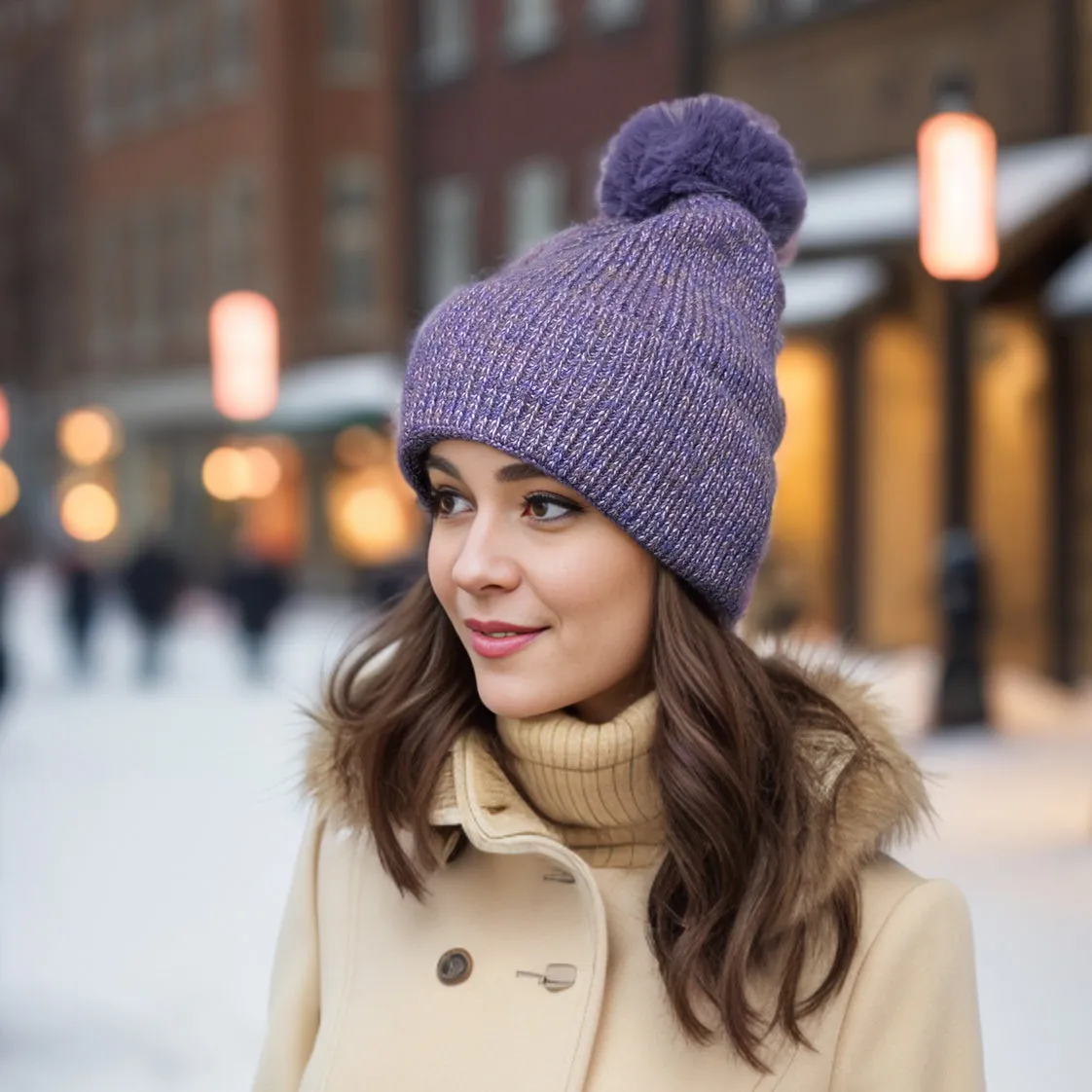 Sequin Faux Fur PomPom Hat - Purple