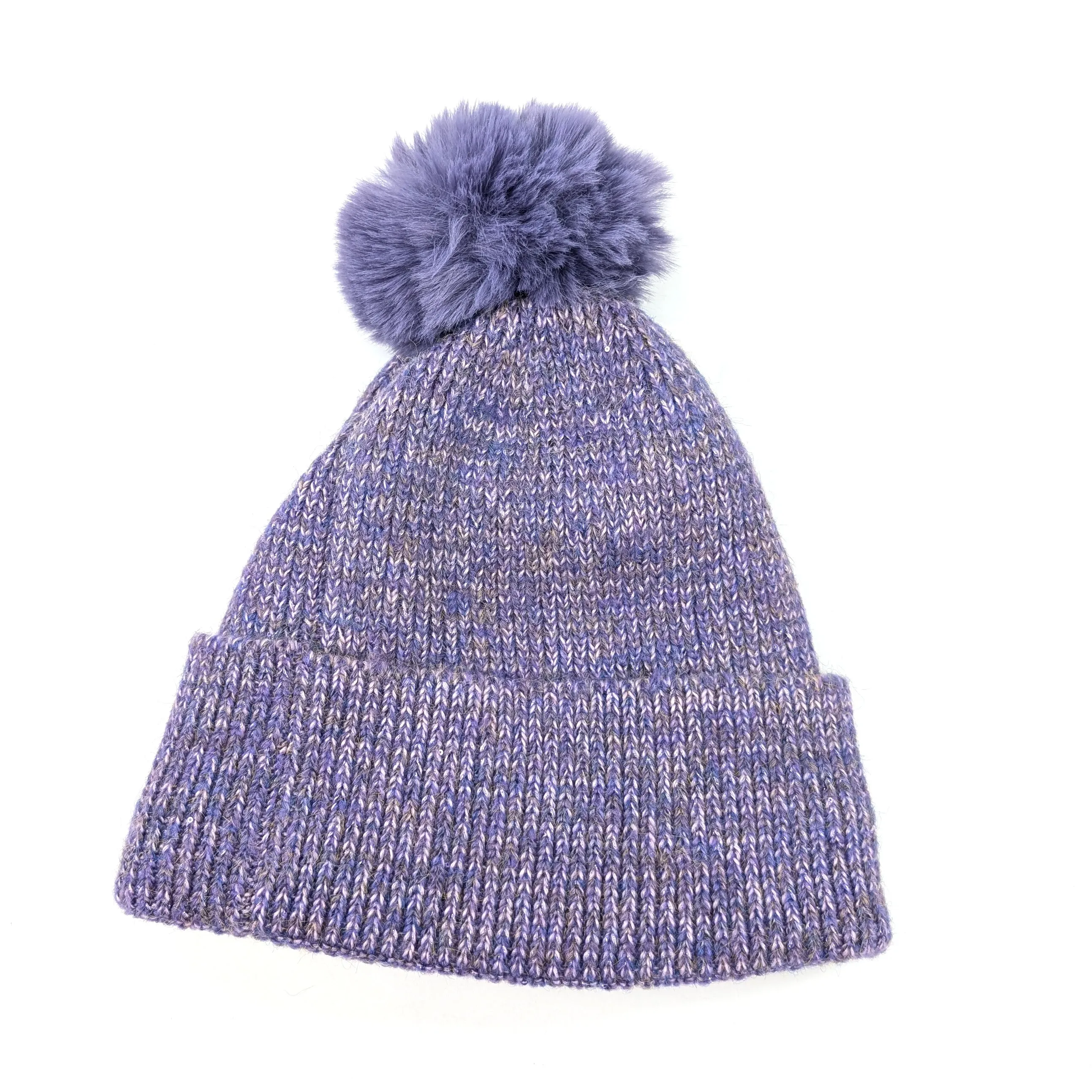 Sequin Faux Fur PomPom Hat - Purple