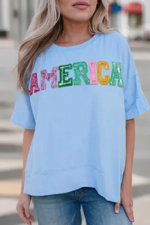 Sequined America Top - Light Blue