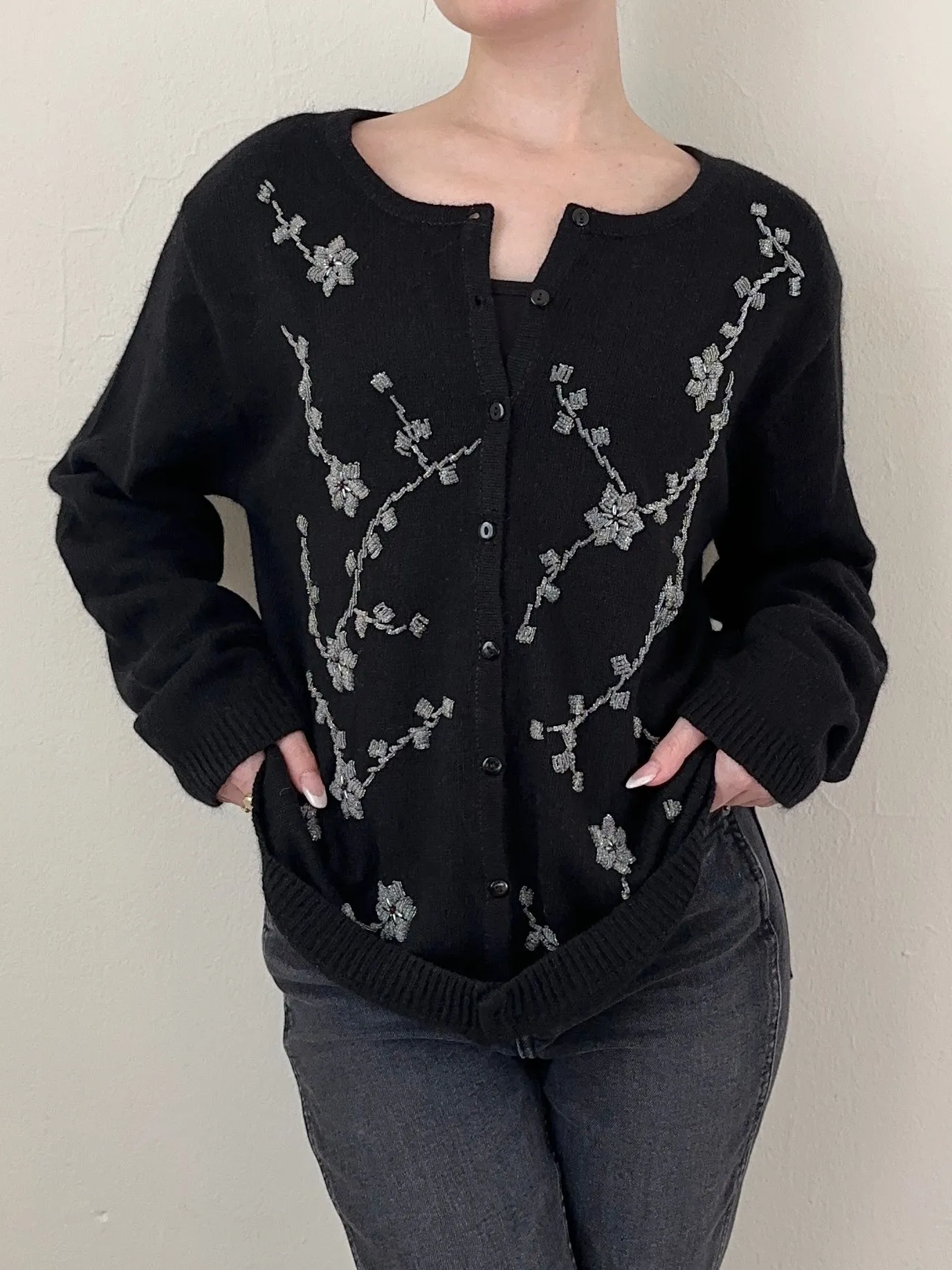 Silk Angora Blend Floral Beaded Cardigan (L)