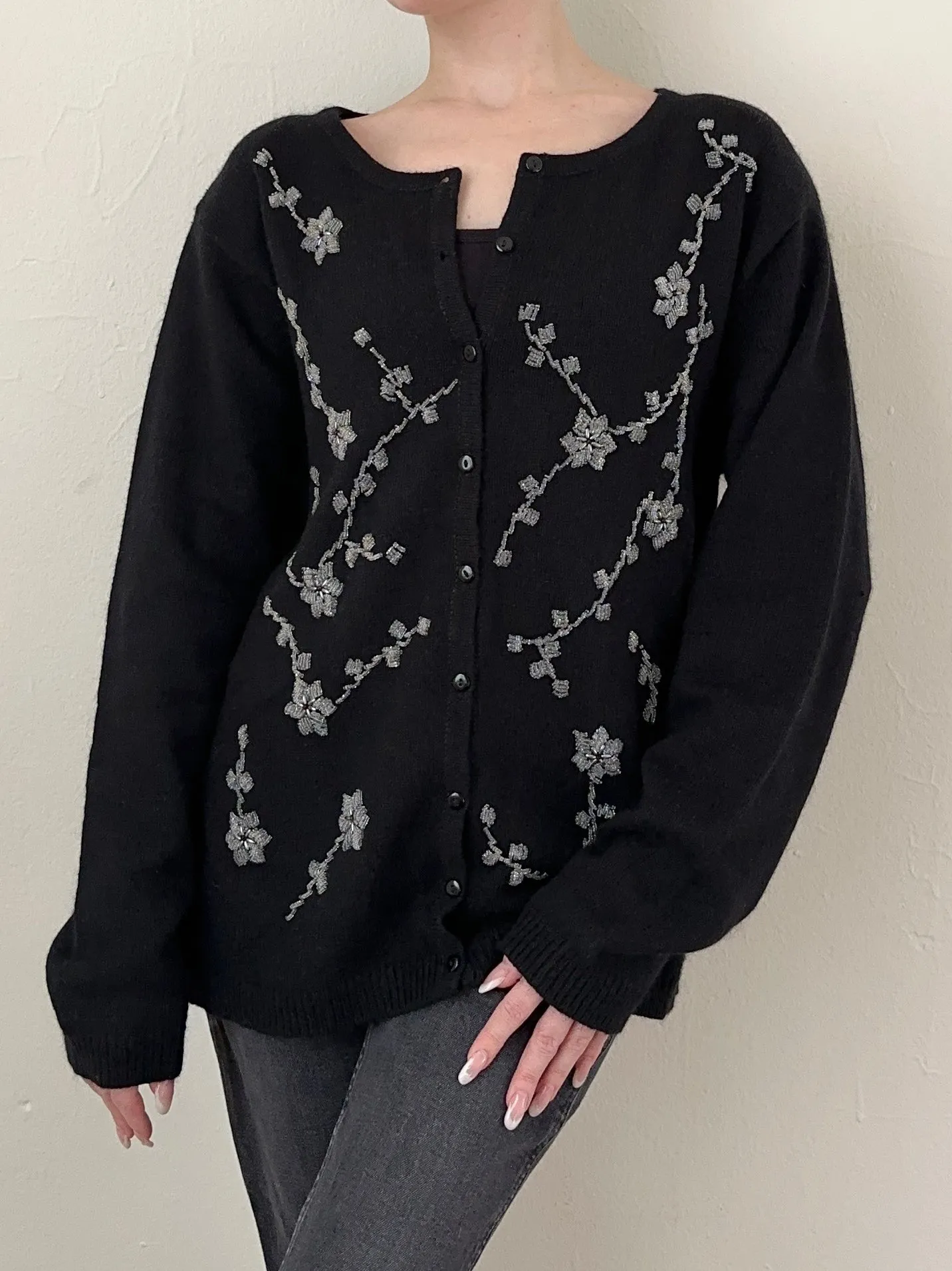 Silk Angora Blend Floral Beaded Cardigan (L)