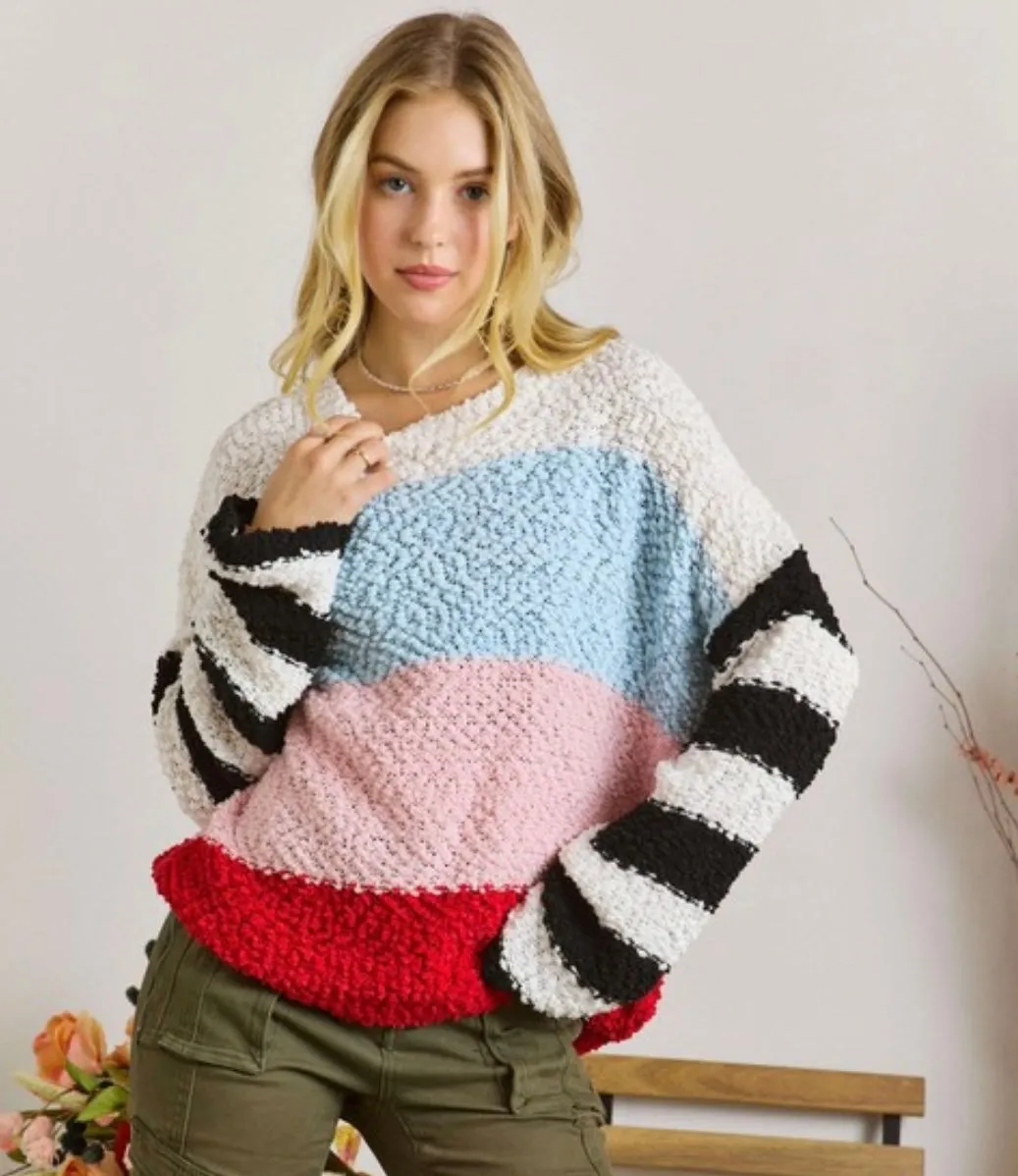 Sky Blue Multi Colorblock Popcorn Knit Sweater