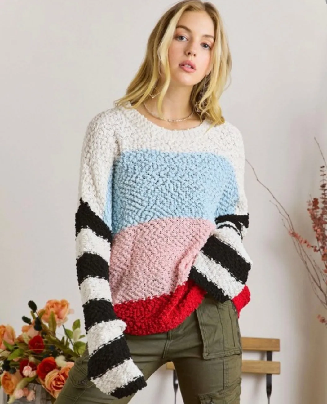 Sky Blue Multi Colorblock Popcorn Knit Sweater